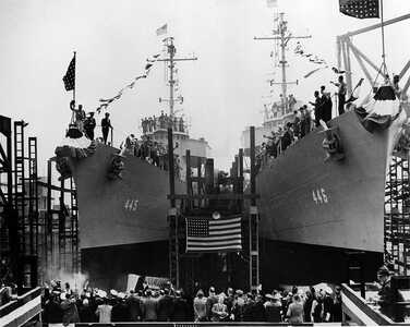 Launch of USS Fletcher (DD 445) and USS Radford (DD 446) at Federal SB&DD in May 1942